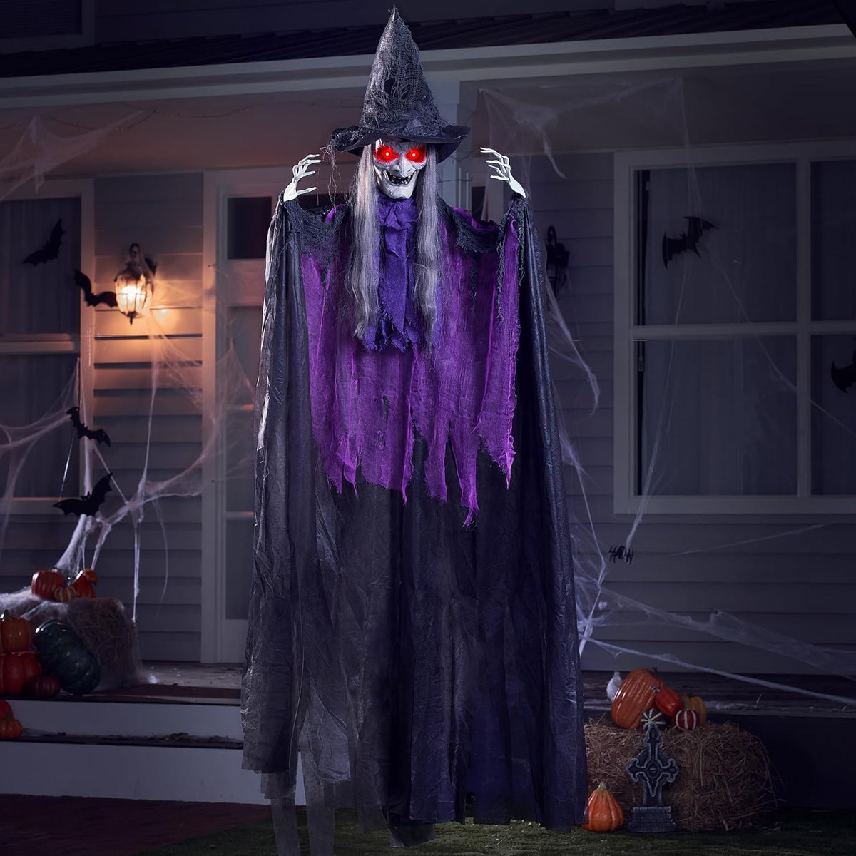Joyfy 6ft Halloween Witch Decoration,Outdoor Scary Halloween Animatronic Hanging Witch with Light Up Eyes and Sound Decoration for Halloween Outdoor