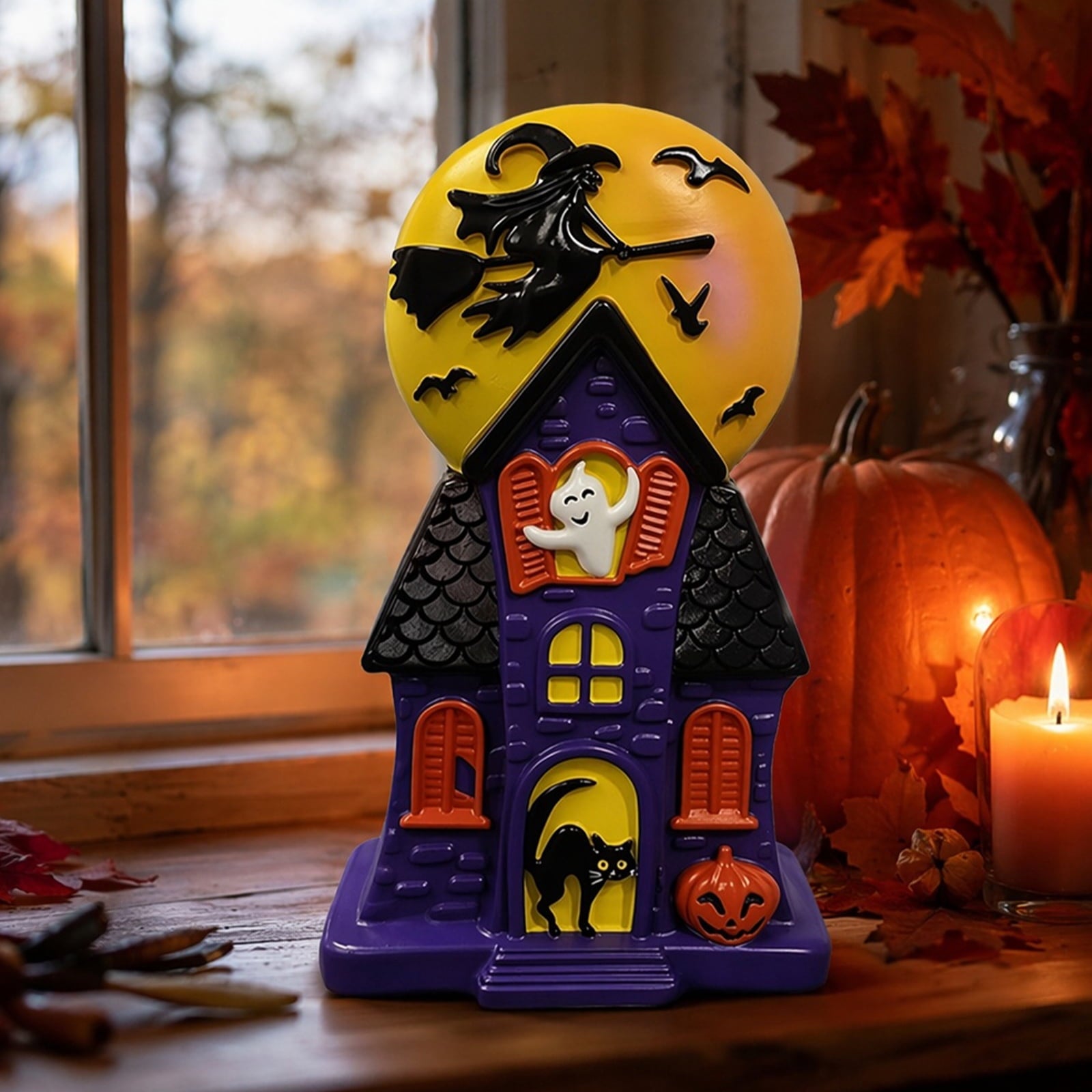HAHUT Halloween House Blow Mold Light, Resin Pre-Lit Spooky Mansion with Glowing Witch Moon, Ghost & Black Cat for Halloween Party Tabletop Decor (Purple)