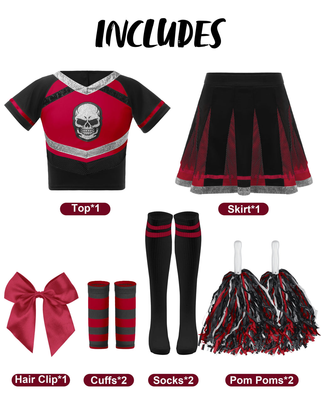 Joyfy Cheerleader Costume for Girls, Bad Spirit Costume for Kids, Skull Scary Outfit with Accessories for Halloween Party Cosplay