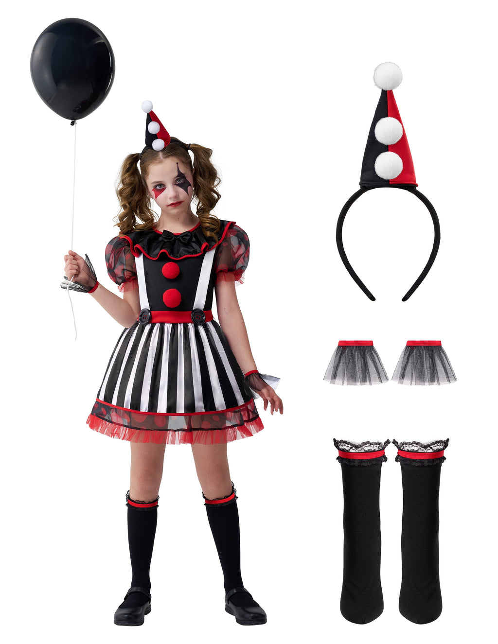 Joyfy Girls Clown Costume, Halloween Evil Clown Costume, Black and Red Jester Dress for Girls Halloween Party Dress Up Cosplay