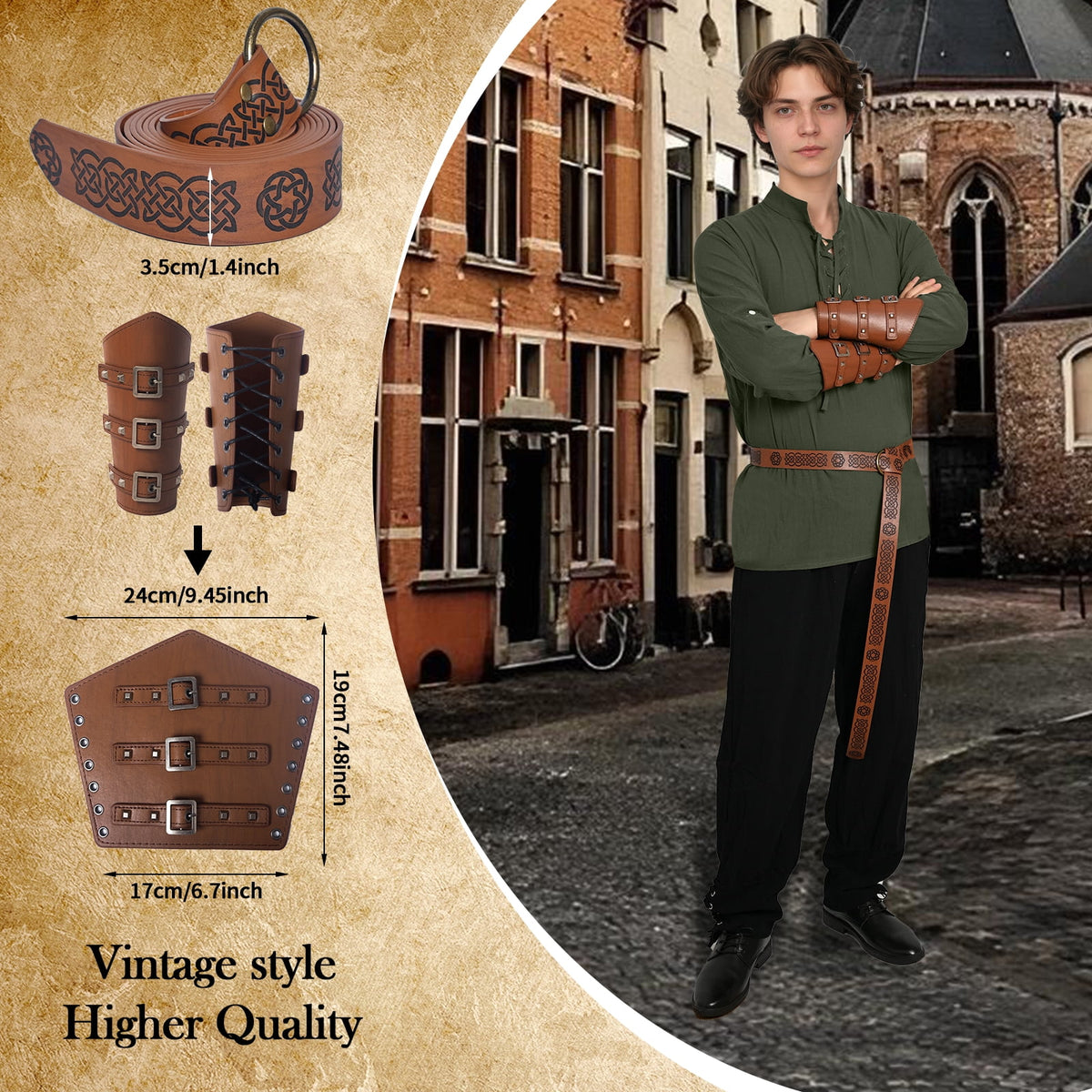 MYATED 5 Pcs Halloween Men's Renaissance Costume Set Medieval Pirate Shirt Ankle Banded Pants Viking Costume Accessories Set,Black,M