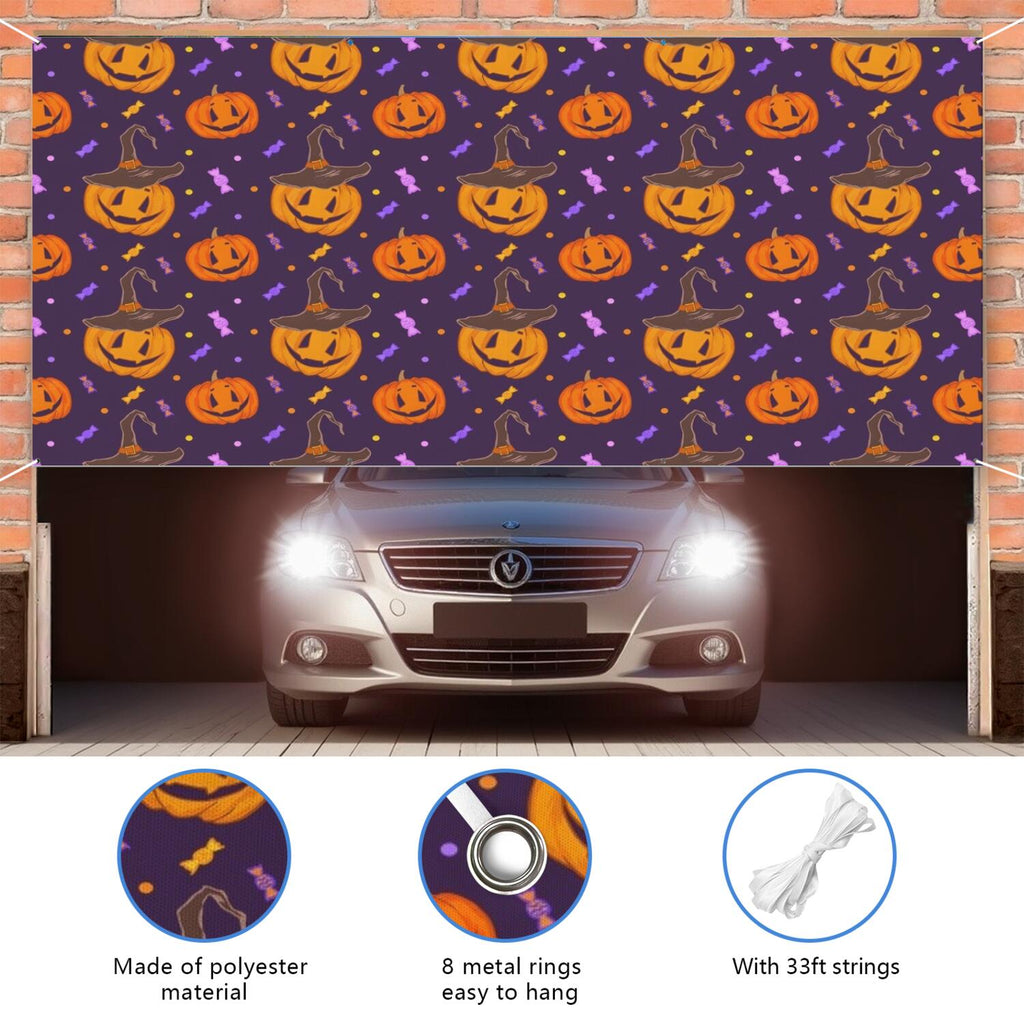 Halloween Garage Door Cover - 13x6ft Spooky Ghost Pumpkin Skull Witch Black Cat Polyester Backdrop for Outdoor Decor