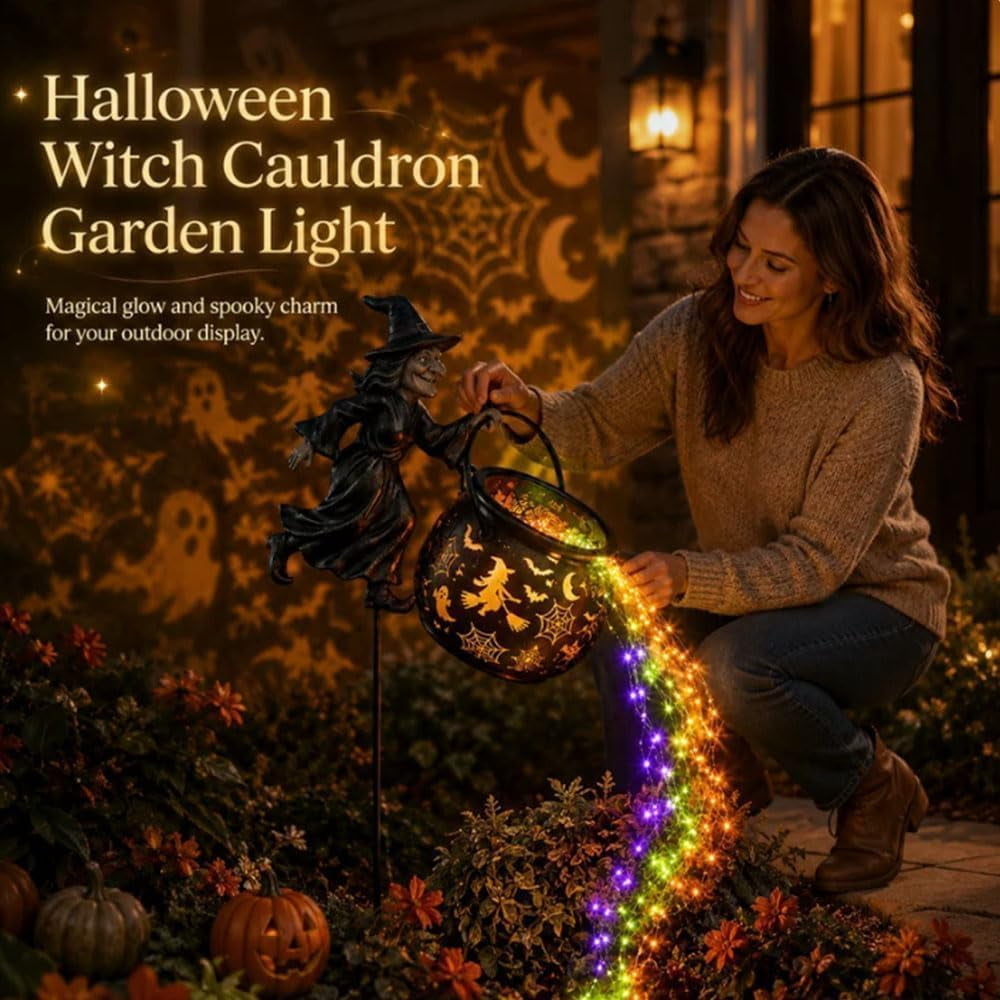 Light up Halloween Decor - Witch Cauldron Garden Light with Stake, Multicolor Potion Cascade & Cutout Shadow Projection, Outdoor Yard for Porch Lawn Patio, Party & Seasonal Display