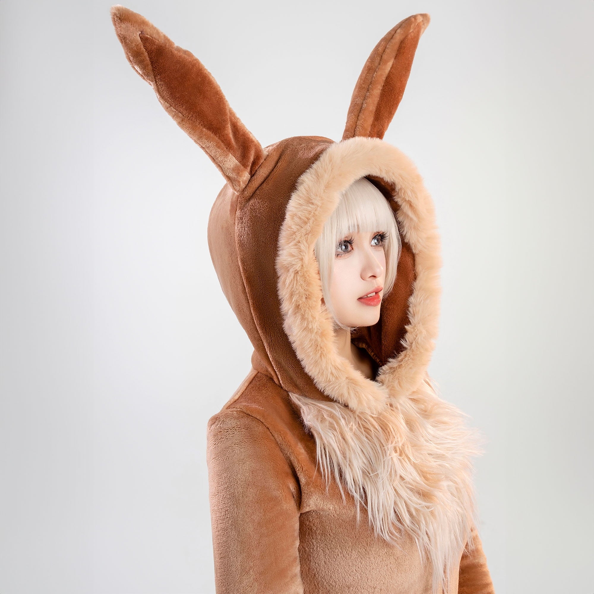 Women sexy Fluffy Hooded Bodysuit Halloween Deep V Kawaii One Piece Lingerie Rompers with Choker and Socks