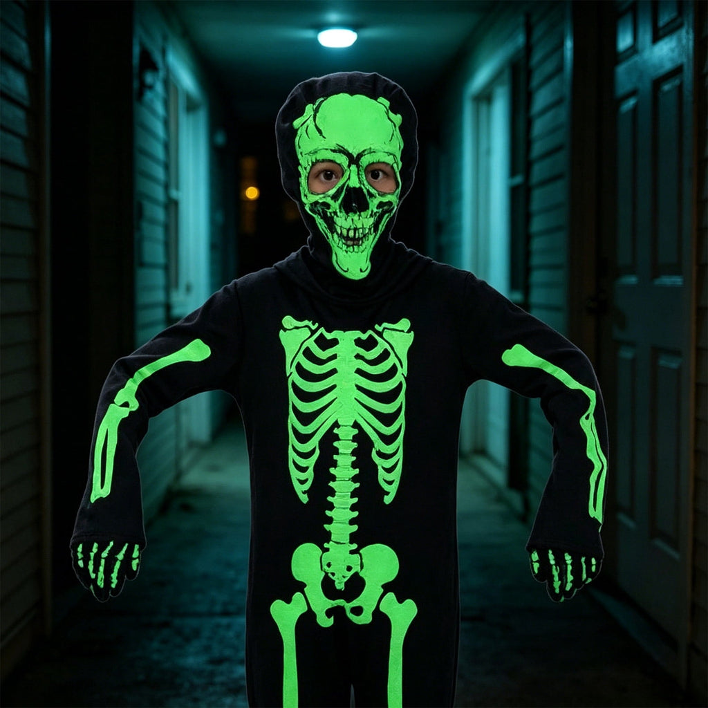 Spooky Skeleton Costume for Kids, Glow in The Dark Halloween Bone Outfit for Boys and Girls, Creepy Role Play Cosplay Dress for 4-8 Years Old