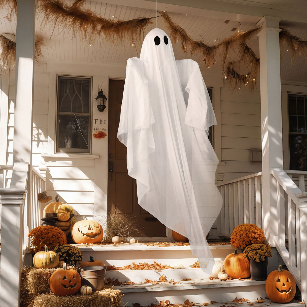 Joyfy 47" Halloween Hanging Light up Ghost Decorations Outdoor,White Ghosts with Blue LED Light and Timer Halloween Hanging Decoration Waterproof for Front Yard Patio Lawn