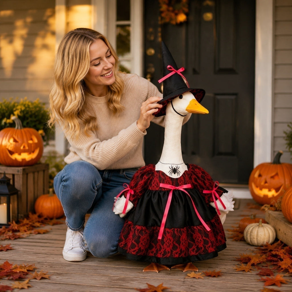 Bat Witch Hat Spiderweb Halloween Goose Clothes Fit 17/23In Cement Plastic Lawn Goose, Stylish Full Set for Outdoor Yard Patio Garden Seasonal Halloween Home Ornamental Arrangement