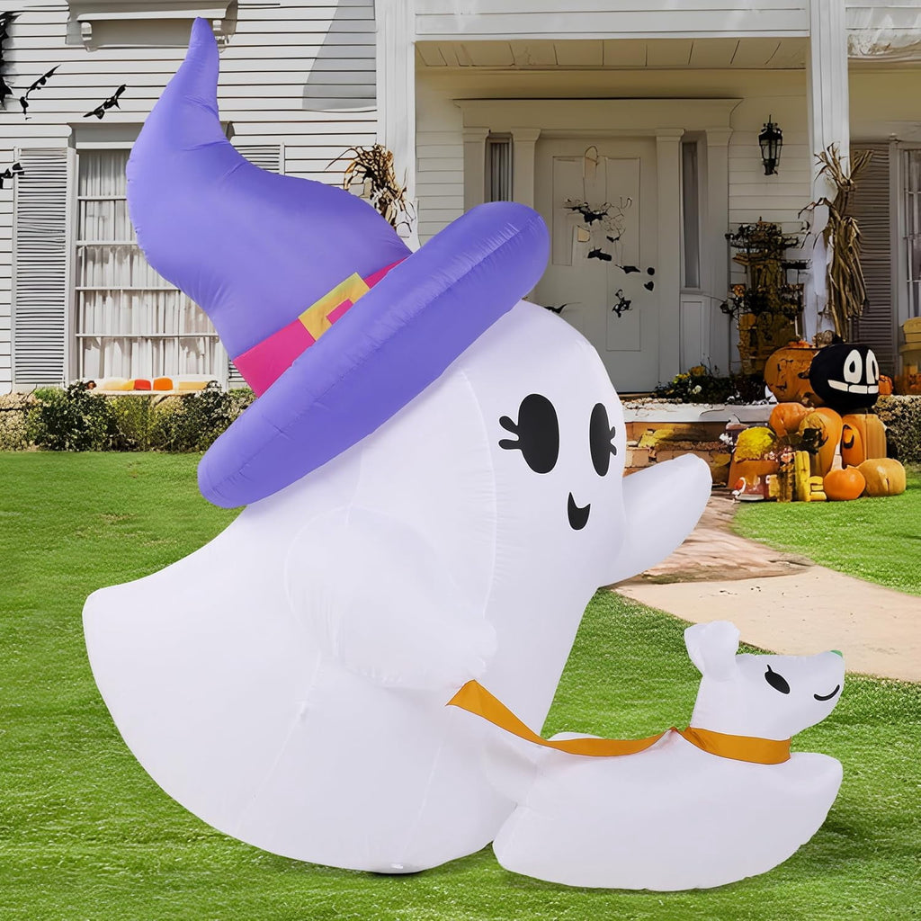Joyfy 5ft Halloween Inflatables Light up Cute Ghost,Blow Up Ghost Lift Pumpkin Candy Bag with Build-in LEDs for Yard Decorations