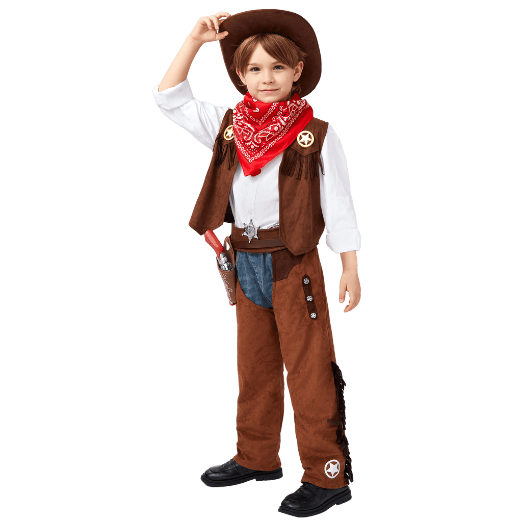 Joyfy Halloween Cowboy Costume for Boys, Kids Cowboy Costume Set, Brown Western Style Cowboy Outfit with Cowboy Hat for Toddler Dress-up Party Cosplay