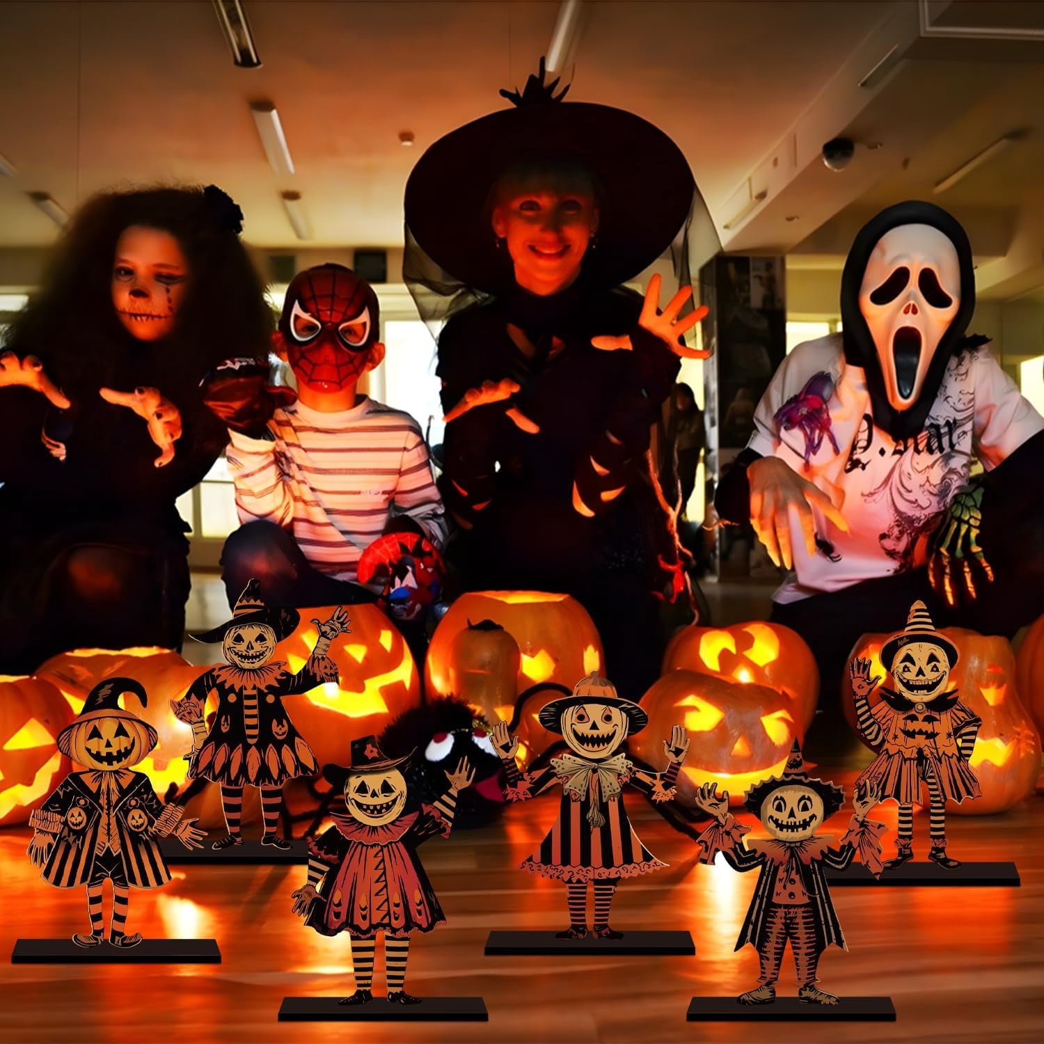 Lanfubeisi 6pcs 6.3x4.2inch Vintage Halloween Decor Wood Table Centerpieces Horror Spooky Scarecrow Pattern Vintage Halloween Decorations Party Table Centerpieces for Home