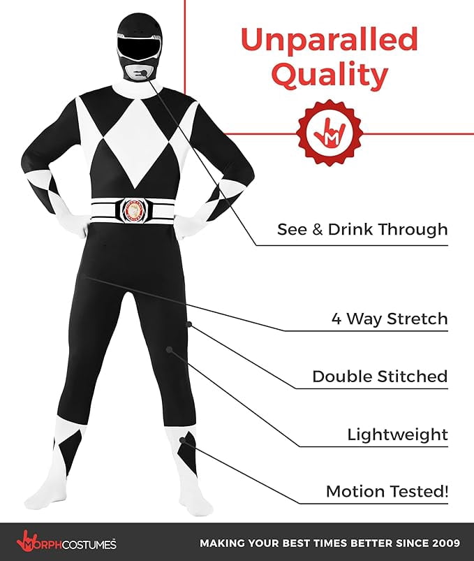 Morphsuits Adult Black Power Ranger Morphsuit Mens Superhero Fancy Dress Costume Halloween Black M