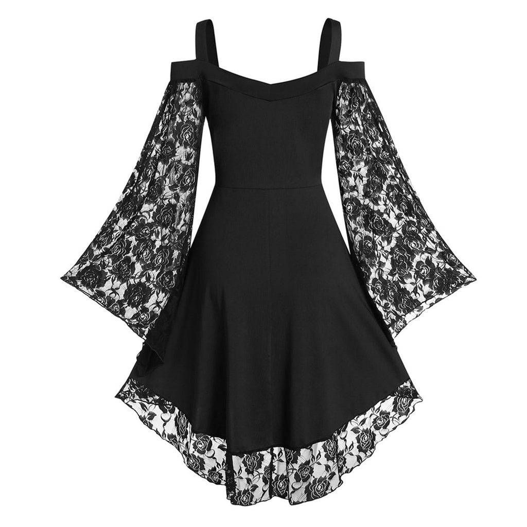 LYXSSBYX Halloween Costume for Women Cosplay Costumes Women Patchwork Skull Lace Splicing Long Sleeve Vintage Party Dark Gothic Dress