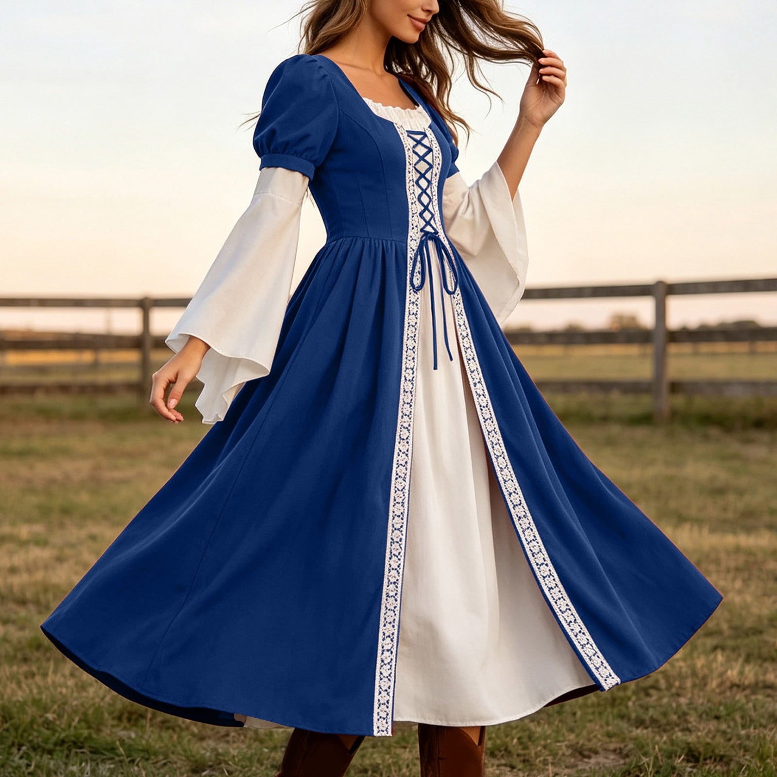 Hurxie Renaissance Costume Women Peasant Medieval Dress Maxi Fairy Dresses with Bell Sleeve Vintage Ren Faire Outfit