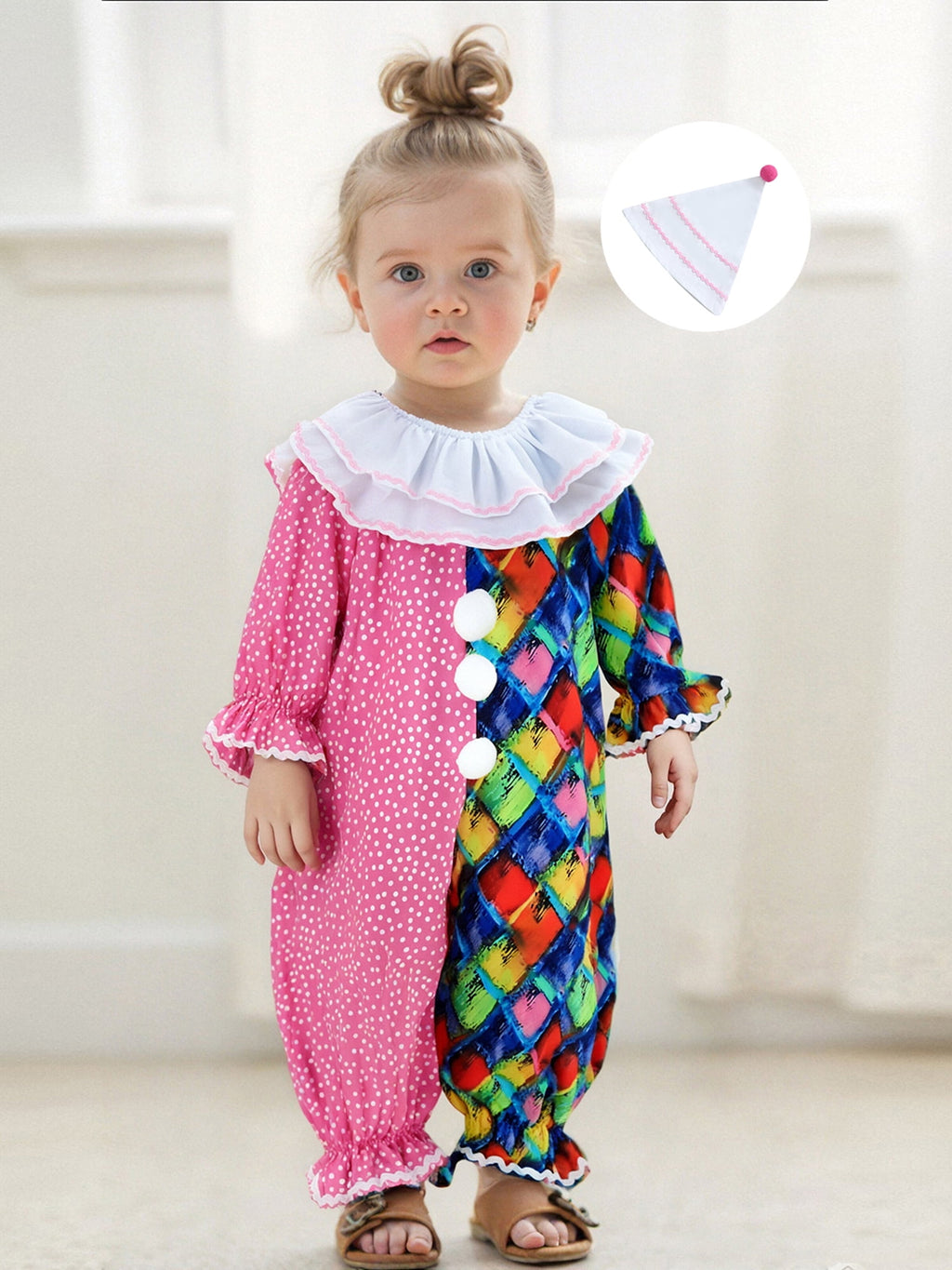 RUINIXCW Kids Toddler Baby Girl Boy Halloween Outfit Clown Costume Infant Baby Girl Boy Romper Birthday Photoshoot Outfit Contrast Color Long Sleeve Jumpsuit Hat