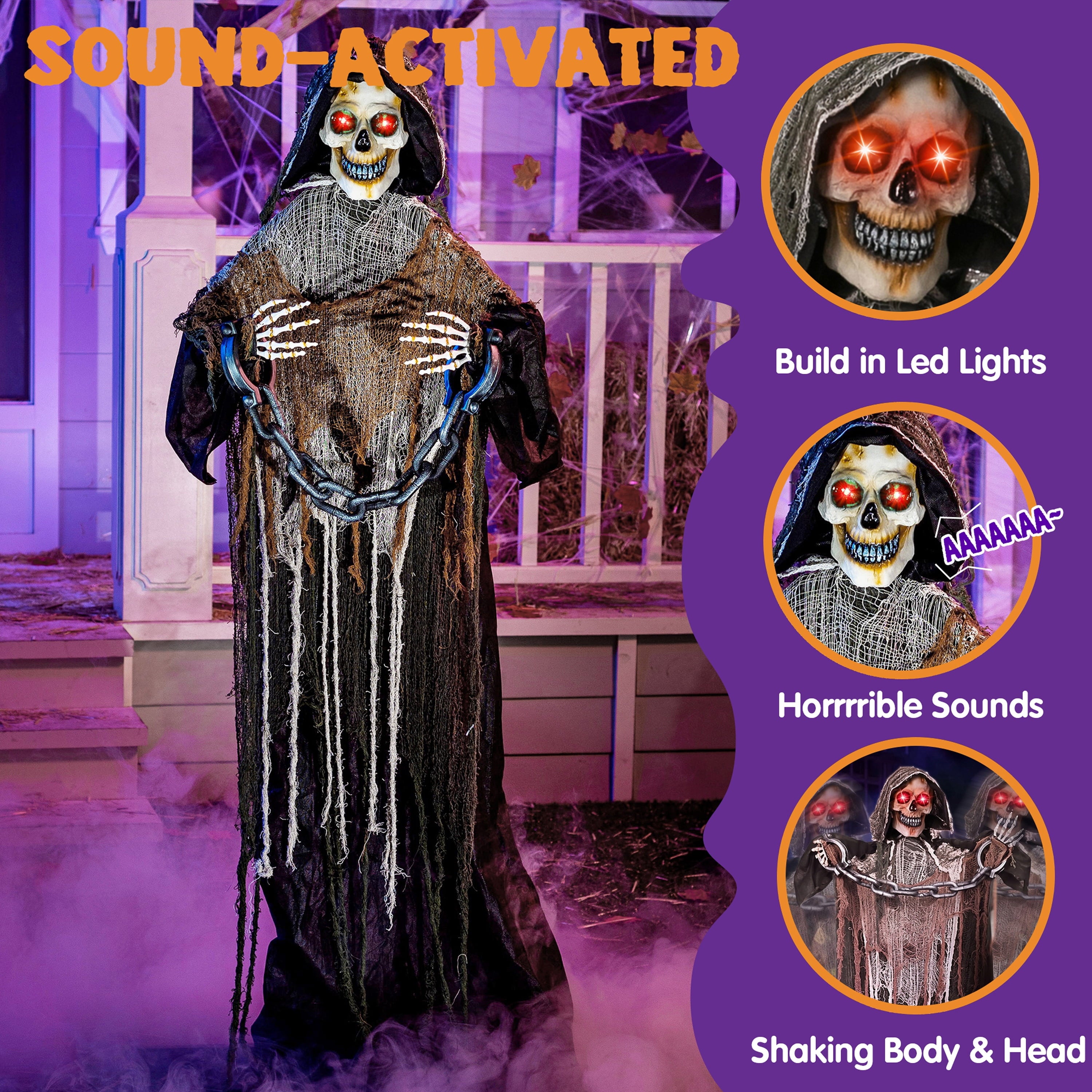 Joyfy 7.8 Ft(93.6 in) Halloween Grim Reaper Decorations Outdoor, Rotatable Flying Scream Scarecrow Skeleton Ghosts Decor for Graveyard Haunted House Props, Garden, Porch, Yard Lawn