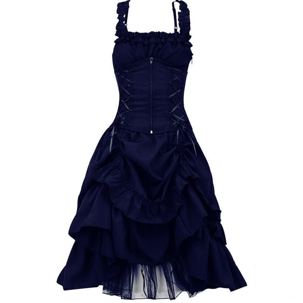 QATAINLAV Women's Gothic Steampunk Dress Renaissance Victorian Lace Up High Low Ruffled Corset Dress Halloween Pirate Costume, Green, S