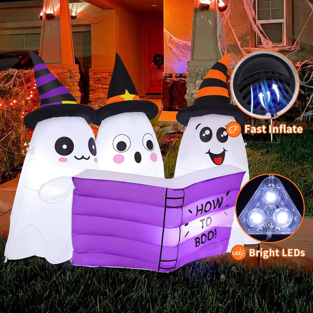 GOOSH Halloween Inflatables 5.2 FT Long Inflatable Ghosts Reading Book with Built-in LED Lights, Cute Ghost Inflatable Blow up Ghost Wearing Witch Hat, Outdoor Halloween Decorations for Holiday Party