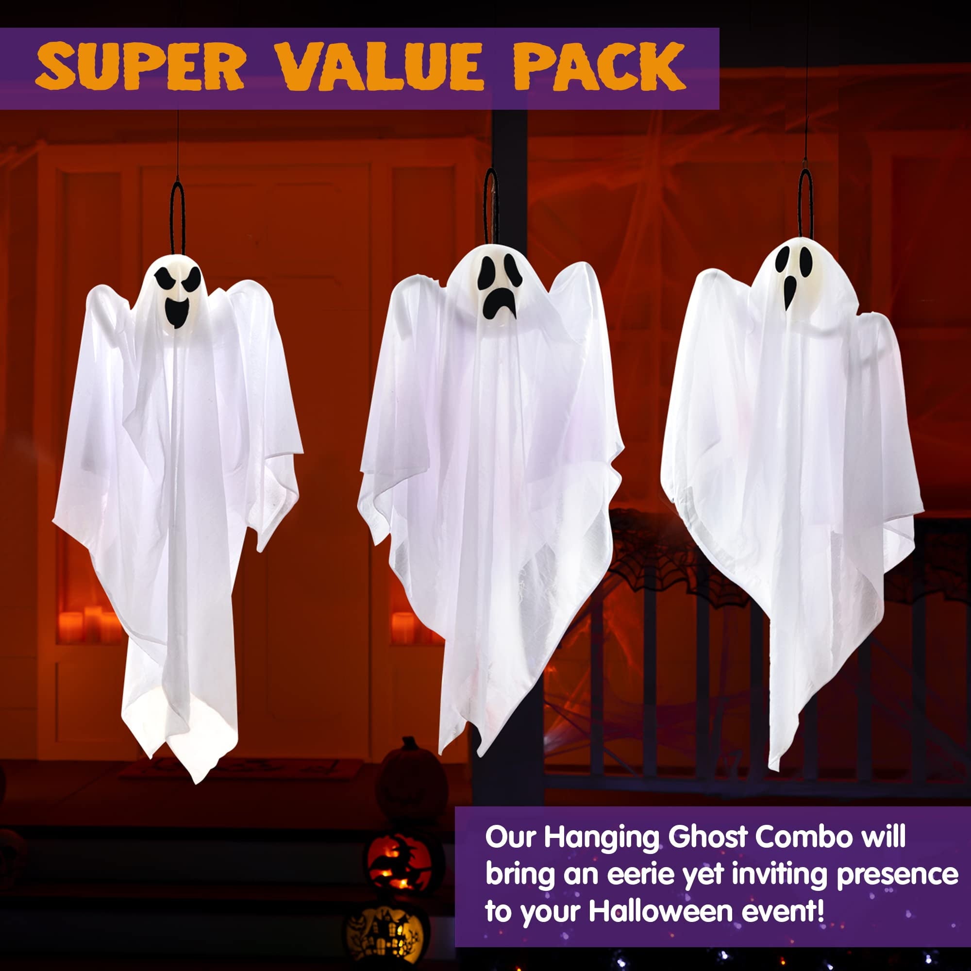 Joyfy 3 Pack Halloween Hanging Ghosts Decorations,27.5" Cute Scary Flying Ghosts Outdoor Hanging Halloween Decorations Yard Decorations