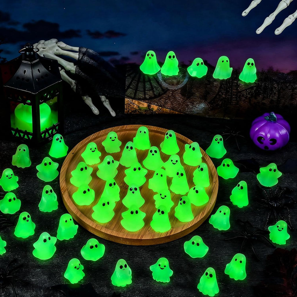 Miguan 80Pcs Mini Luminous Ghost Figurines 6 Style Glow in The Dark Tiny Small Ghost Miniatures for Halloween Spooky Tiered Tray Table Centerpiece Decor Vase Filler Party Favors