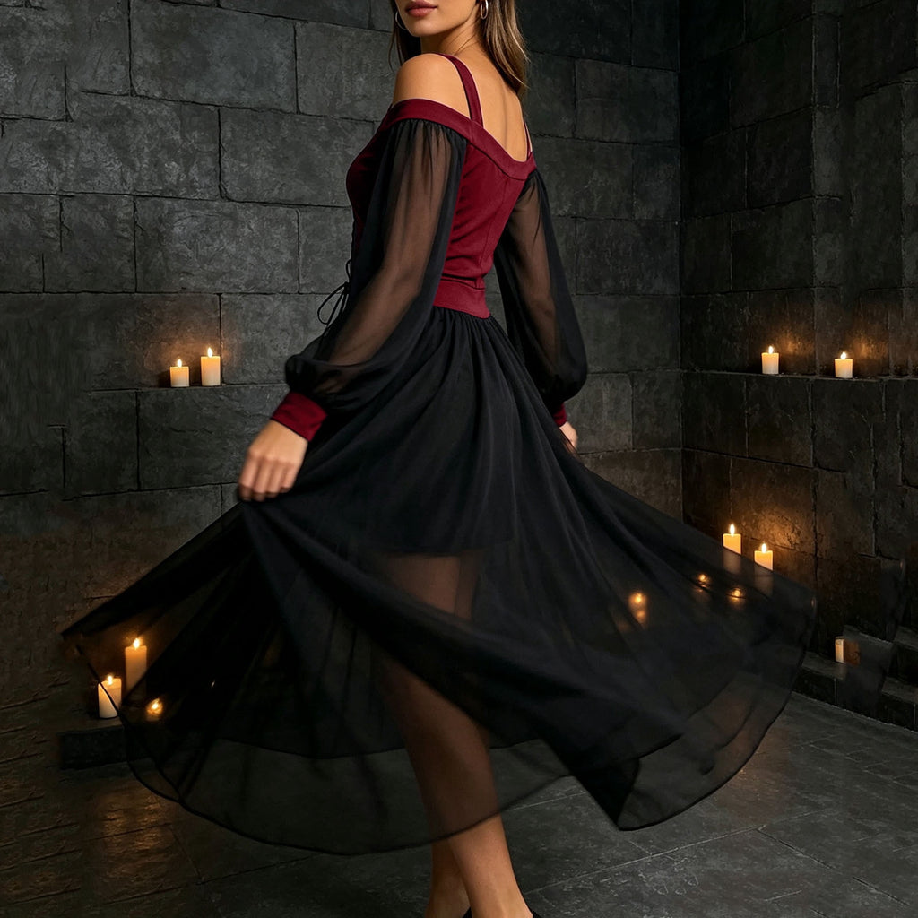 JOANKDMI Women's Gothic Midi Dress Elegant Vampire Costume Cold Shoulder Sheer Long Sleeve Lace-up Corset for Roleplay Halloween Party Outfit Chic, S-3XL
