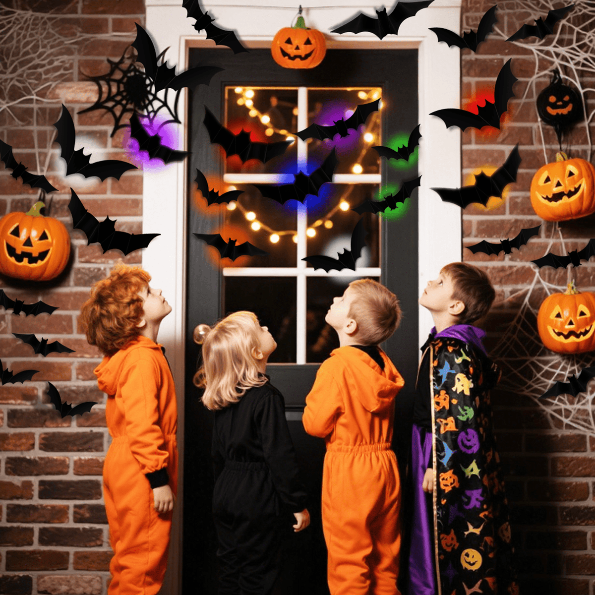 PChero 48Pcs Halloween Bats Wall Decor with 12 Color Changing Lights, 3D Light up Bats with Remote Timer, 10 Different Size PET LED Bat Wall Stickers for Bedroom Window Spooky Decor Home Decals