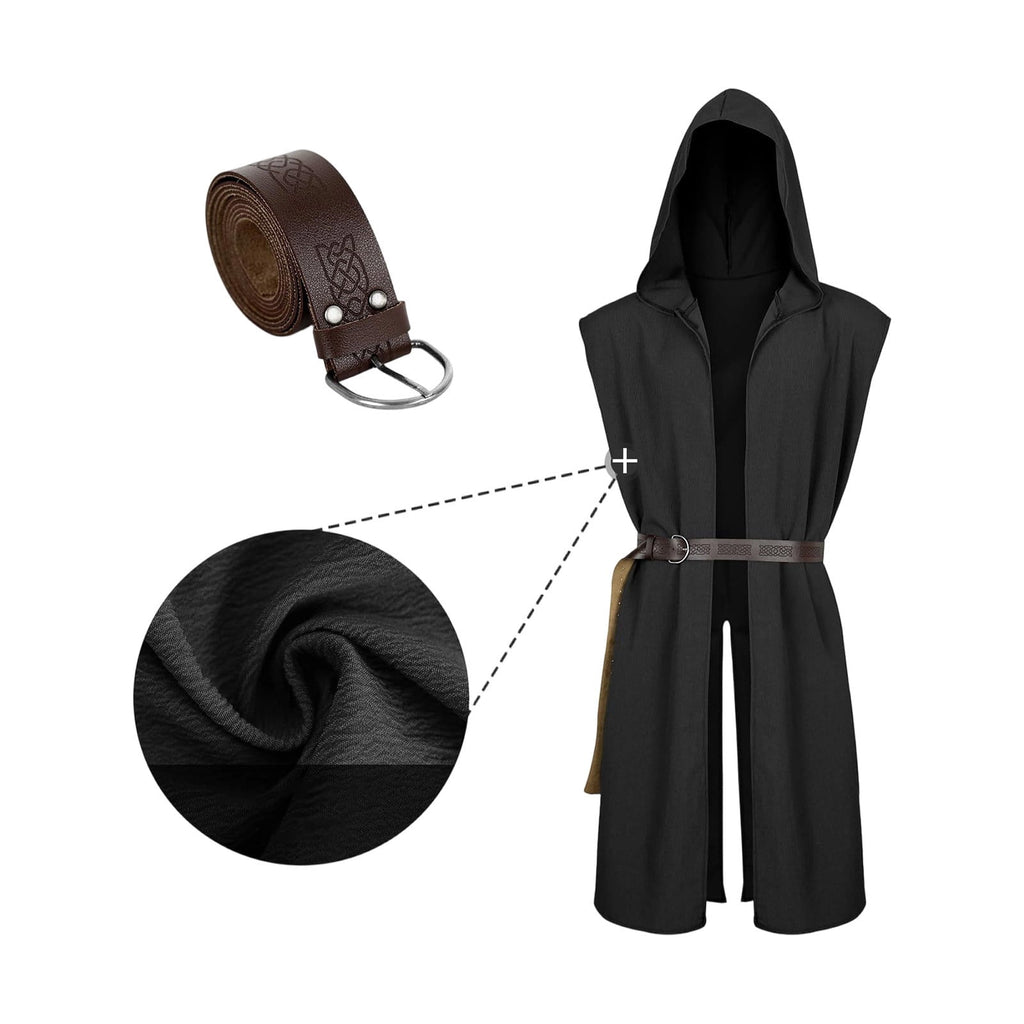 Virmaxy Halloween Costume Men's Hooded Sleeveless Tunic Costume with Belt Halloween Loose Fit Renaissance Medieval Party Cosplay Fighter Outfit Army Green