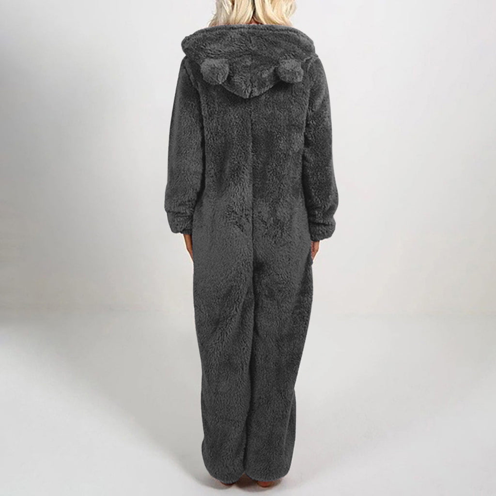 QATAINLAV Sherpa Fleece Jumpsuit for Women Winter Warm Fuzzy Onesie Pajamas Cute Cat Hooded Romper Casual Zip Up Overalls Sleepwear Black XL