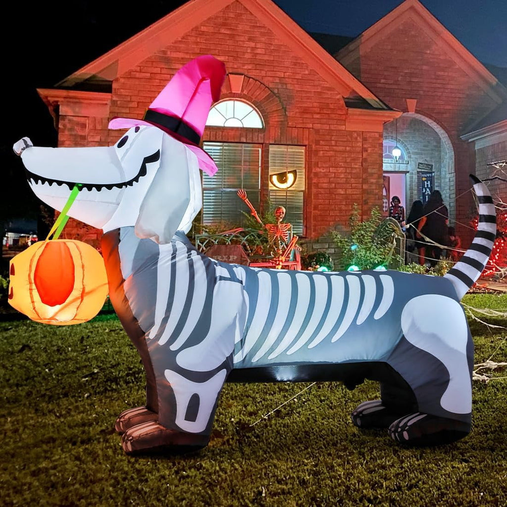 GOOSH Halloween Inflatables 5.7 FT Halloween Skeleton Dog Inflatable, Halloween Skeleton Puppy Inflatable with Build-in LEDs, Outdoor Halloween Decorations Clearance for Halloween Holiday Party