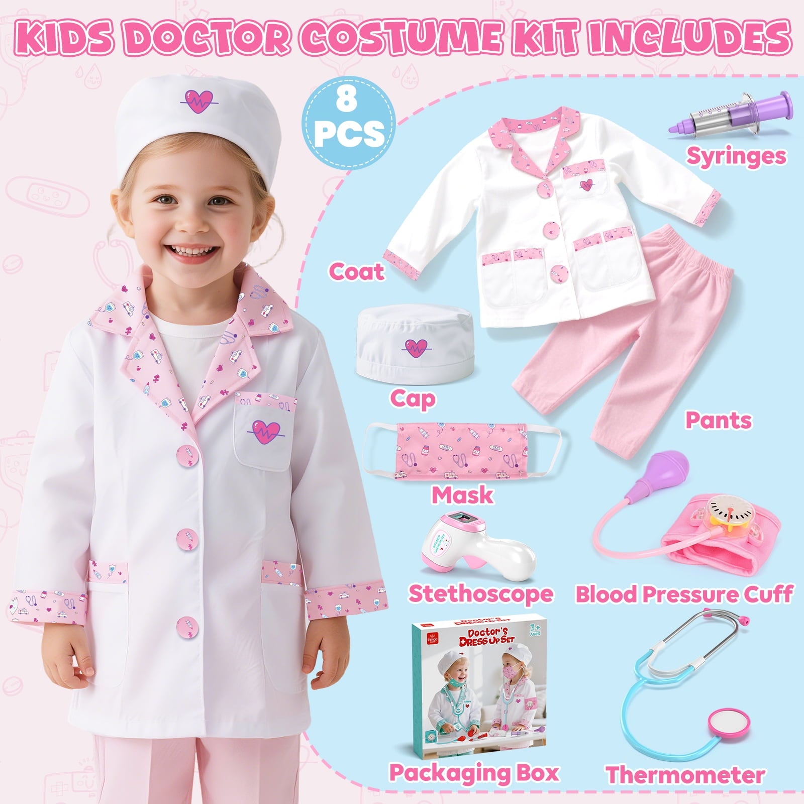 Doctor Costume Set for Kids, Pretend Play Doctor Dress up Clothes with Medical Accessories, Kids Doctor Costume Set Toy for Age 3 4 5 6 Boys Girls - Pink(110cm*3.6in)