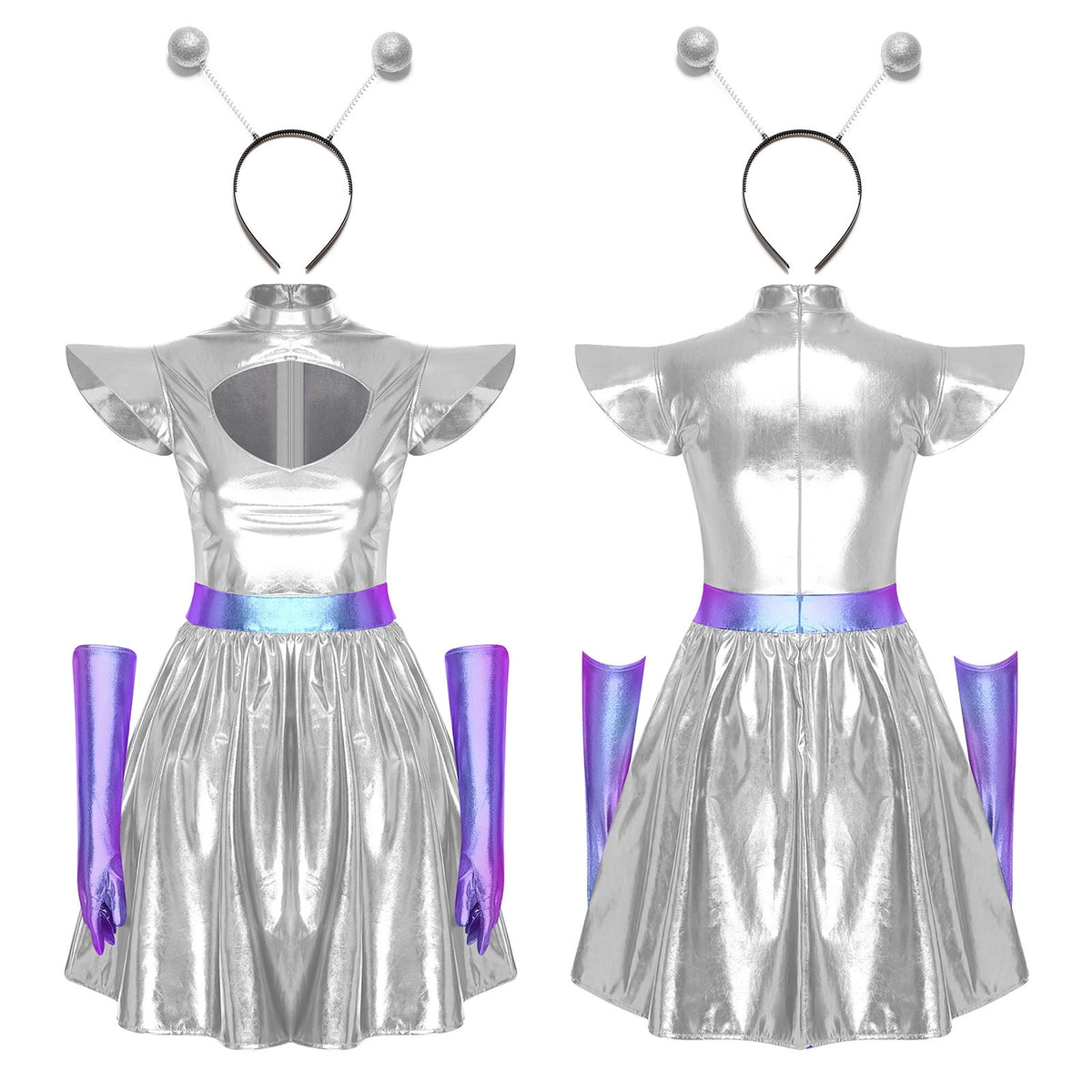 Aislor Womens Outer Space Alien Dress with Gloves Headband Halloween Space Cadet Rave Outfit Blue 3XL