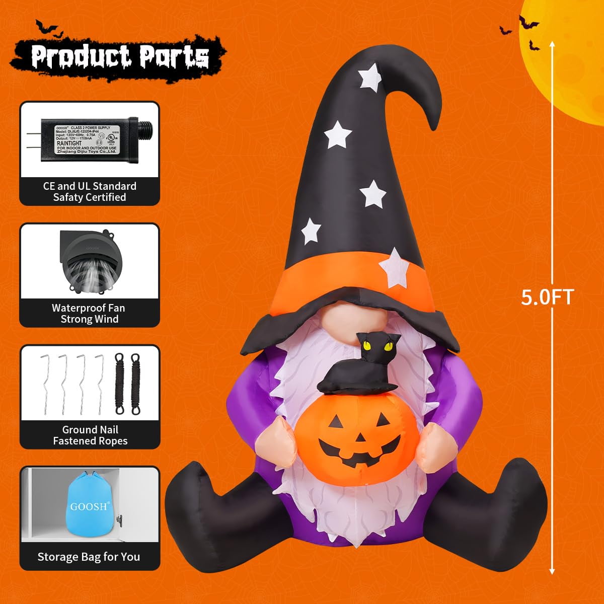 GOOSH Halloween Inflatables 5 FT Tall Inflatable Gnome Holding Pumpkin Black Cat with LEDs, Halloween Gnome Inflatables Blow up Gnome, Outdoor Halloween Decorations for Halloween Holiday Party