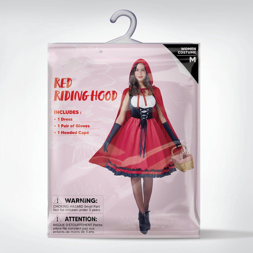 Joyfy Women Little Red Riding Hooded Costume with Dress, Cape and Gloves, Adult Women Halloween Costume for Halloween Party Cosplay