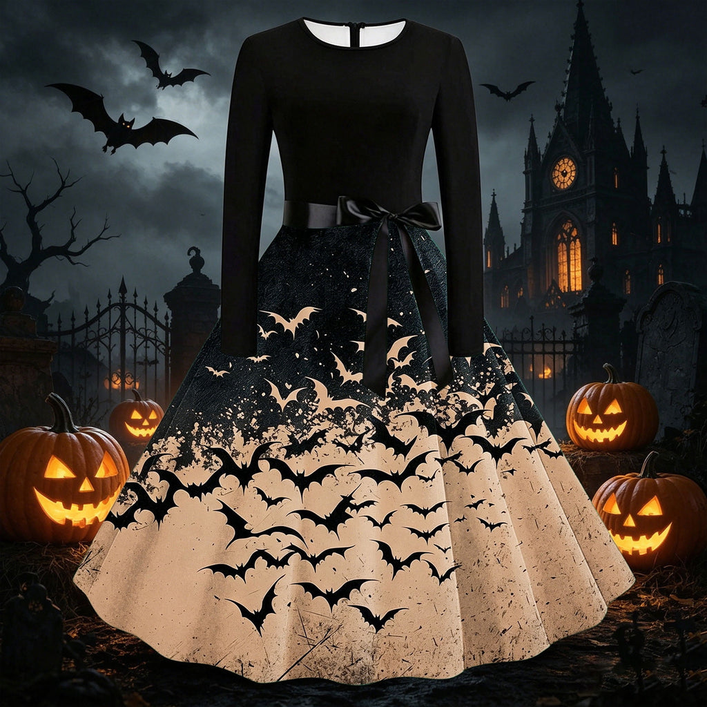 Women's Vintage Halloween Bat Print Swing Dress Long Sleeve 1950s Retro A-Line Midi Dresses with Satin Sash Belt for Gothic Cosplay Evening Prom Party