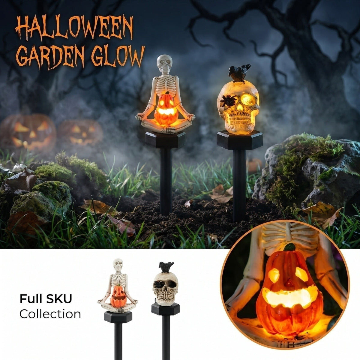 Halloween Skull Solar Garden Stake Light, Resin Skull Solar Outdoor Light for Yard and Garden, Spooky Decorative Stake Lighting for Halloween Courtyard and Lawn Decor 15.35*2.36Inch,1PC
