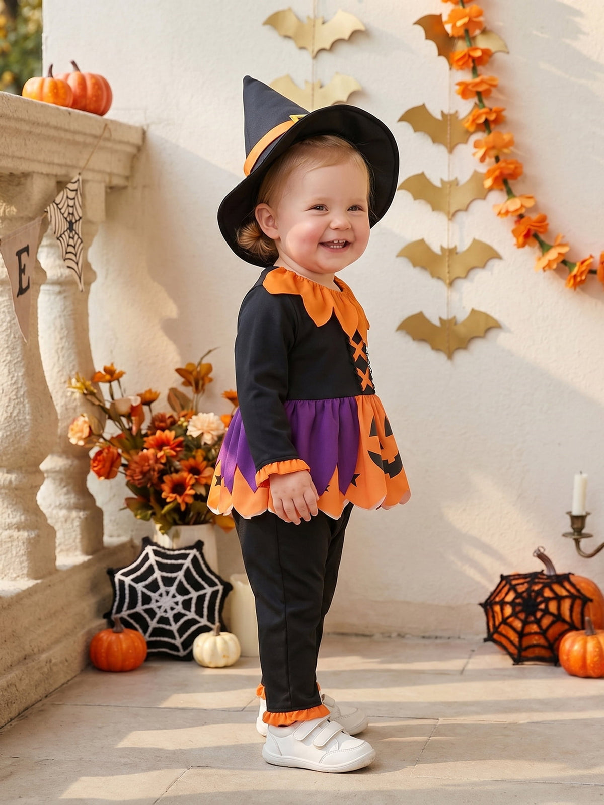 RUINIXCW Toddler Baby Girl Halloween Witches Costume Kids Pumpkin Costume Infant Girl Fall Cosplay Outfit Long Sleeve Collar Babydoll Shirt and Pants Hat Set