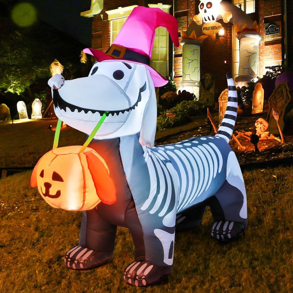 GOOSH Halloween Inflatables 5.7 FT Halloween Skeleton Dog Inflatable, Halloween Skeleton Puppy Inflatable with Build-in LEDs, Outdoor Halloween Decorations Clearance for Halloween Holiday Party