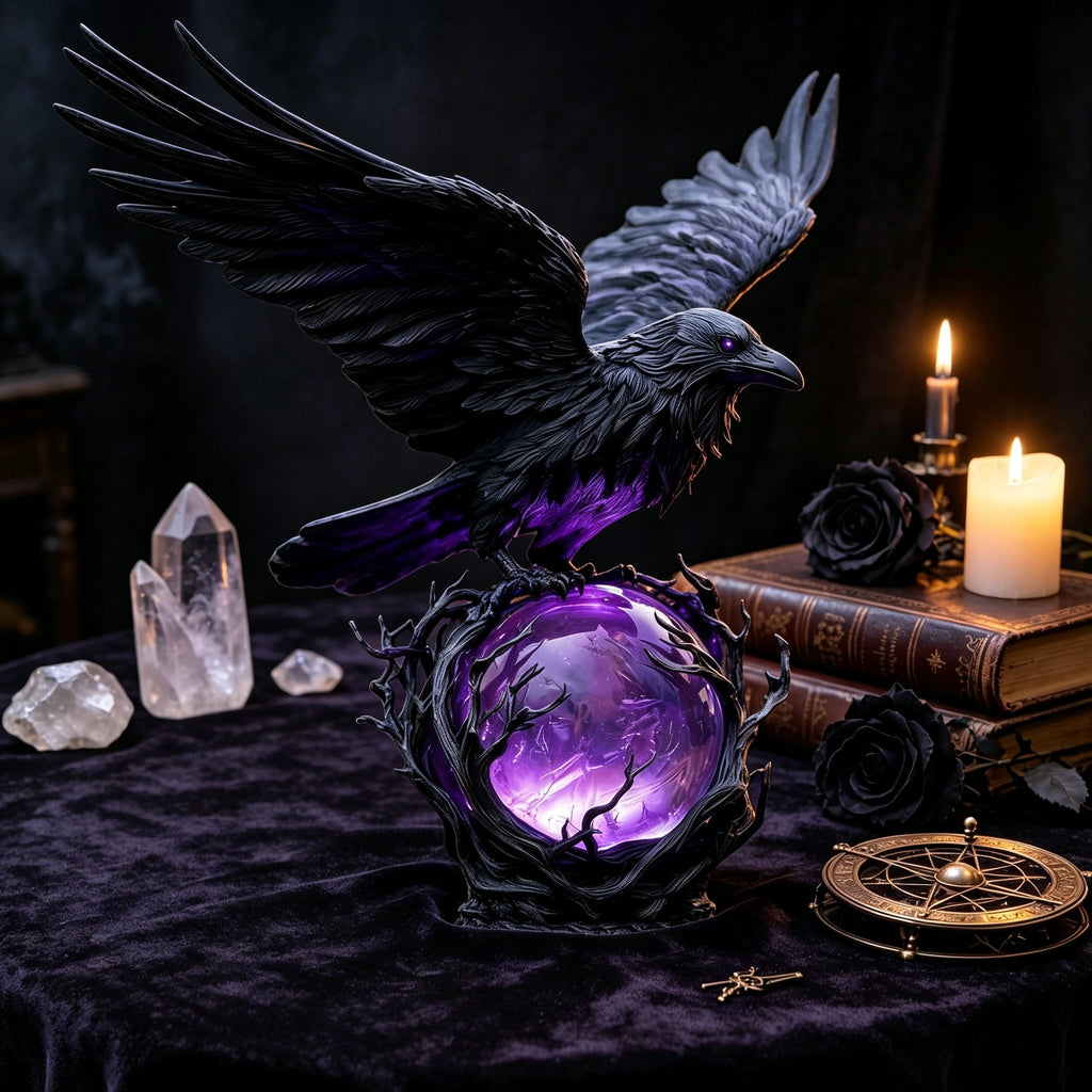 Clearance Gothic LED Lamp – Raven's Moonlight Mysterious Crow on Orb Sculpture, 3D Hollow Lantern Decorative Lamp for Gothic Collectors, Halloween Enthusiasts Best Halloween Gifts