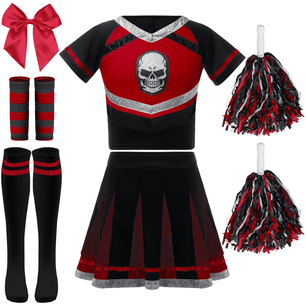Joyfy Cheerleader Costume for Girls, Bad Spirit Costume for Kids, Skull Scary Outfit with Accessories for Halloween Party Cosplay