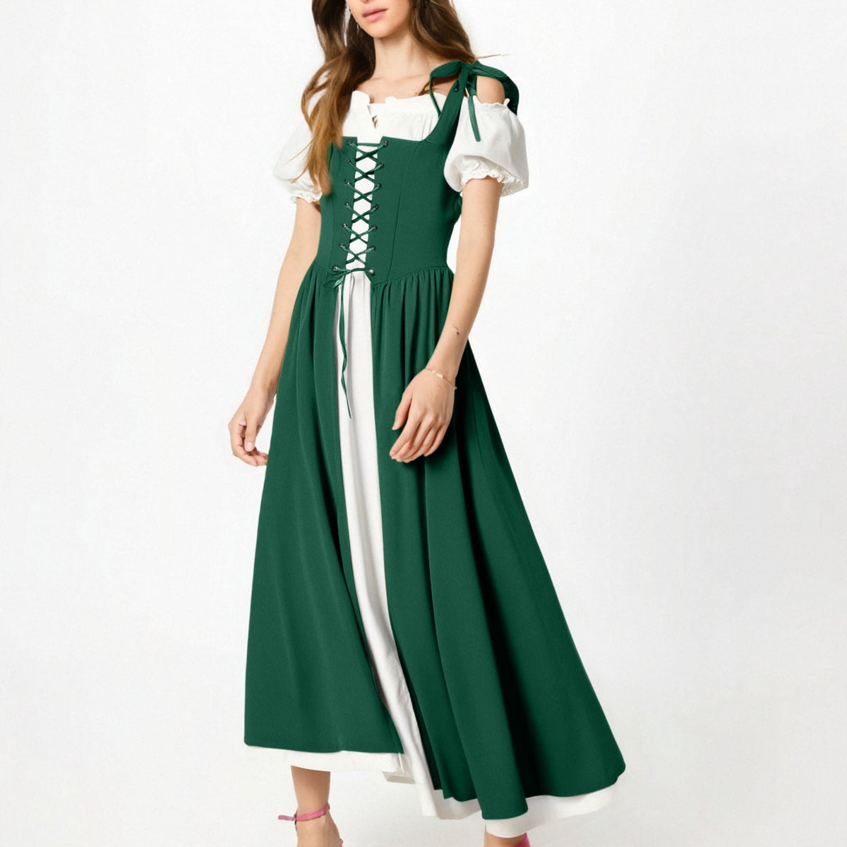 QATAINLAV Renaissance Costume Women Vintage Medieval Dress Cold Shoulder Short Sleeve Peasant Pirate Irish Maxi Dresses, Black, L