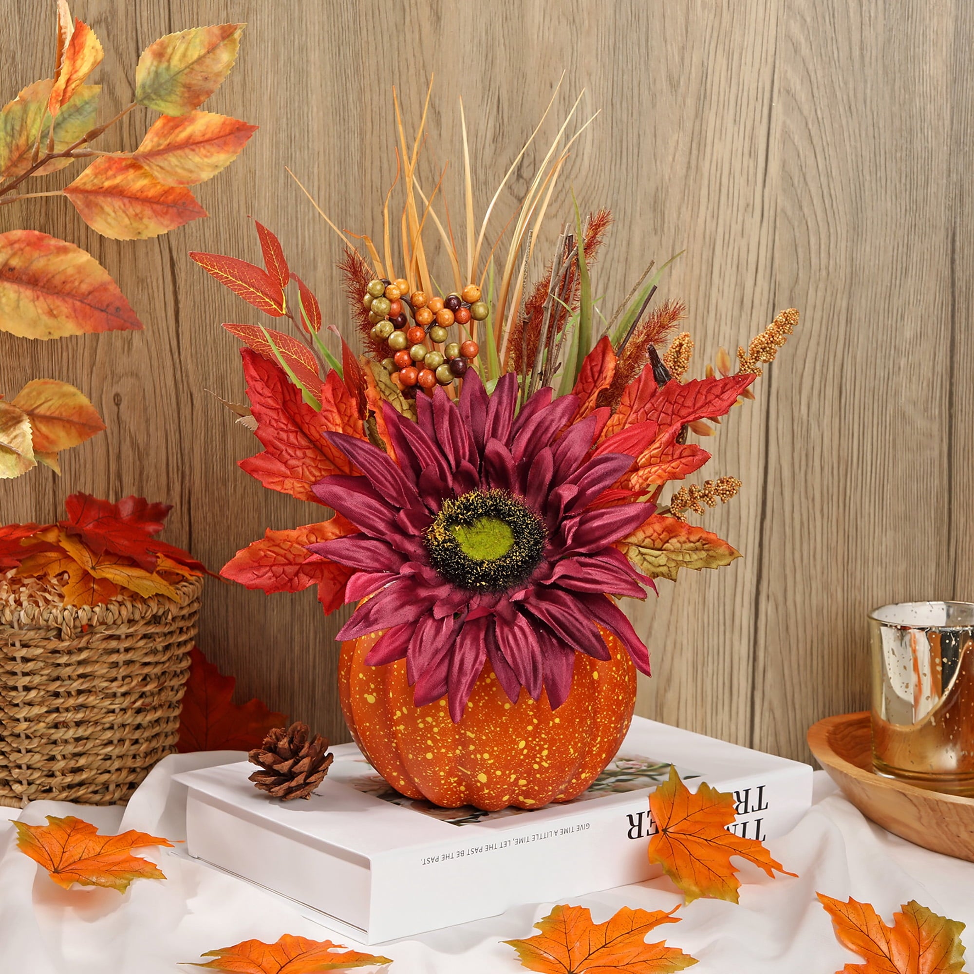 Briful 12.9"Artificial Pumpkin Floral Arrangement with Orange Sunflowers Leaves Fall Table Centerpiece for Harvest Autumn Décor
