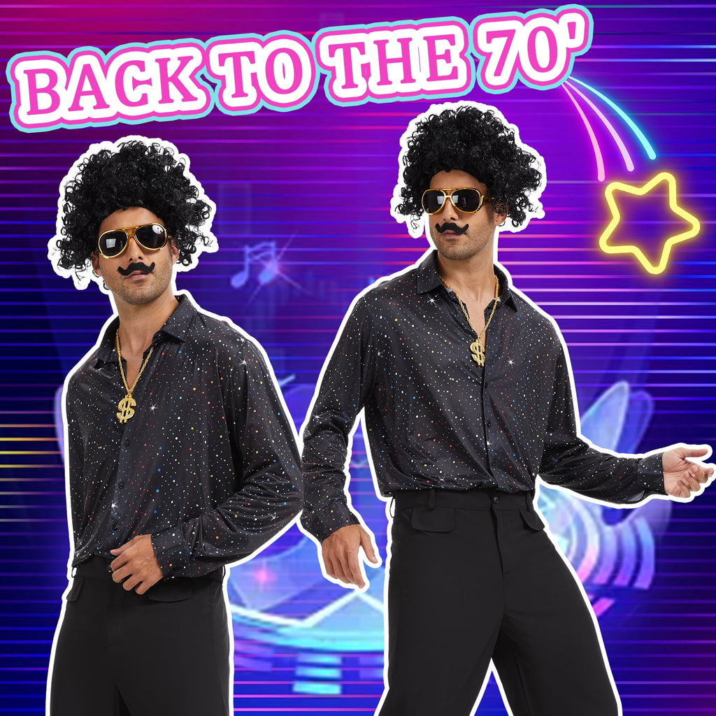 MYATED 70s Disco Costume for Men 6 Pcs Dance Bell Bottom Pants Retro Shirts Wigs Sunglasses Necklace Shirts for Disco Party (Black,L)