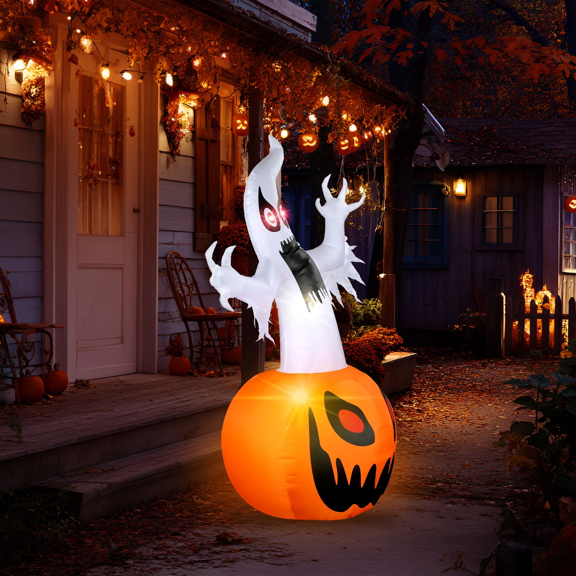 MAGOTAN 9 FT Halloween Inflatables Archway Outdoor Decorations Pumpkin Ghost Archway Halloween Inflatable Blow Up Pumpkin Tombstone Decoration Build-in LED Lights