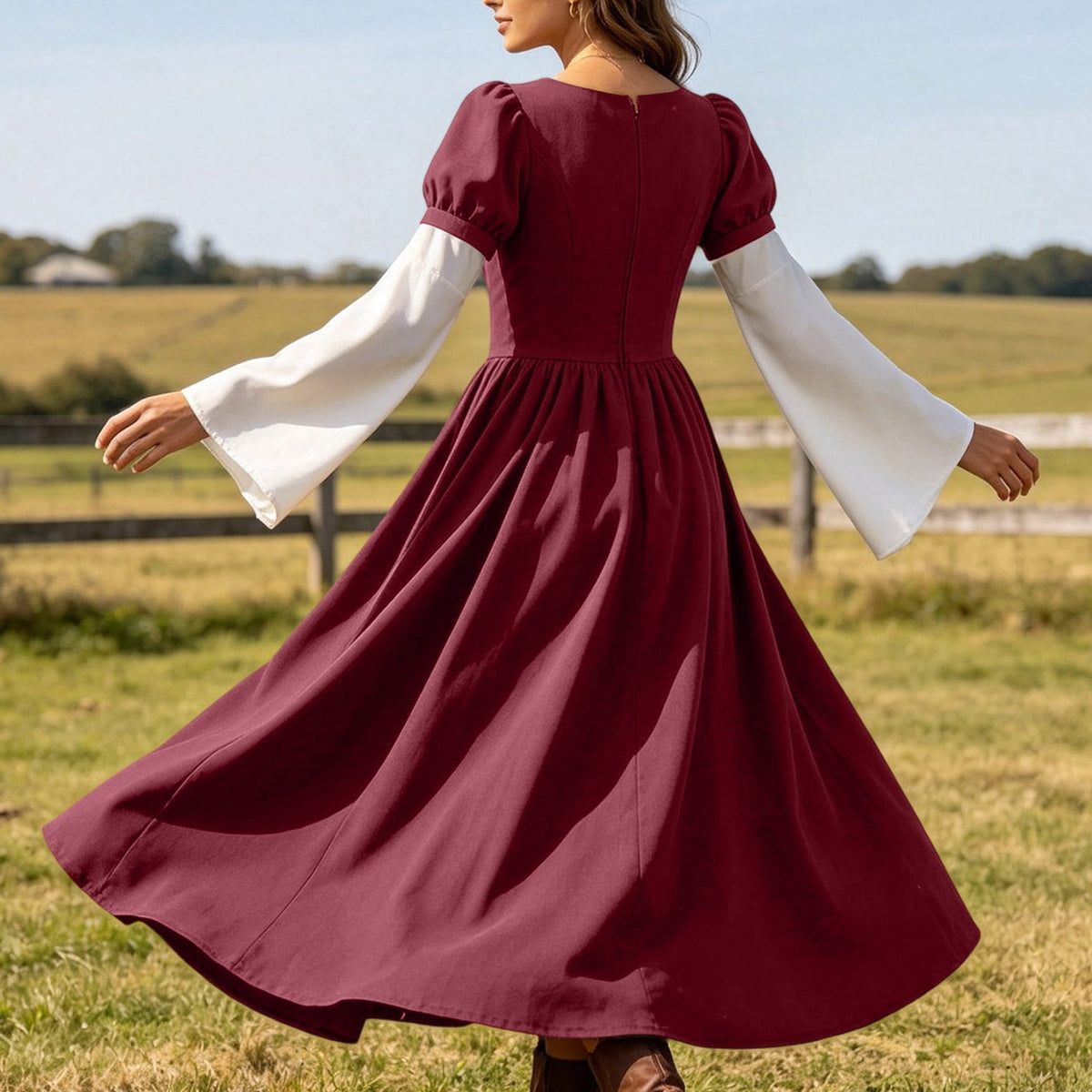 Hurxie Renaissance Costume Women Peasant Medieval Dress Maxi Fairy Dresses with Bell Sleeve Vintage Ren Faire Outfit