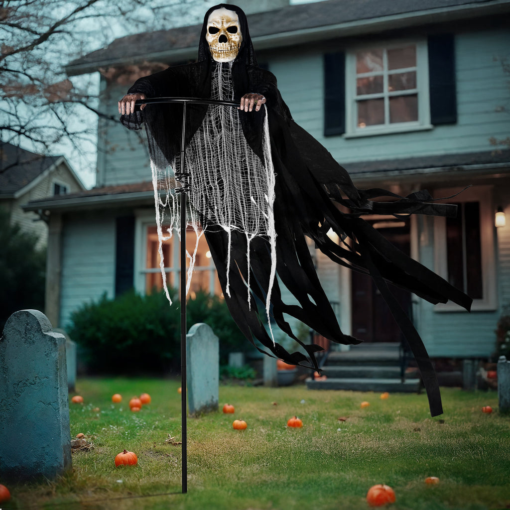 Joyfy 67" Standing Grim Reaper with Chain, Large Halloween Decorations Outdoor, Life Size Animatronics Skelton, Sound-Actived Party Decor with Creepy Sound & LED Eyes, Scary Haunted House Props