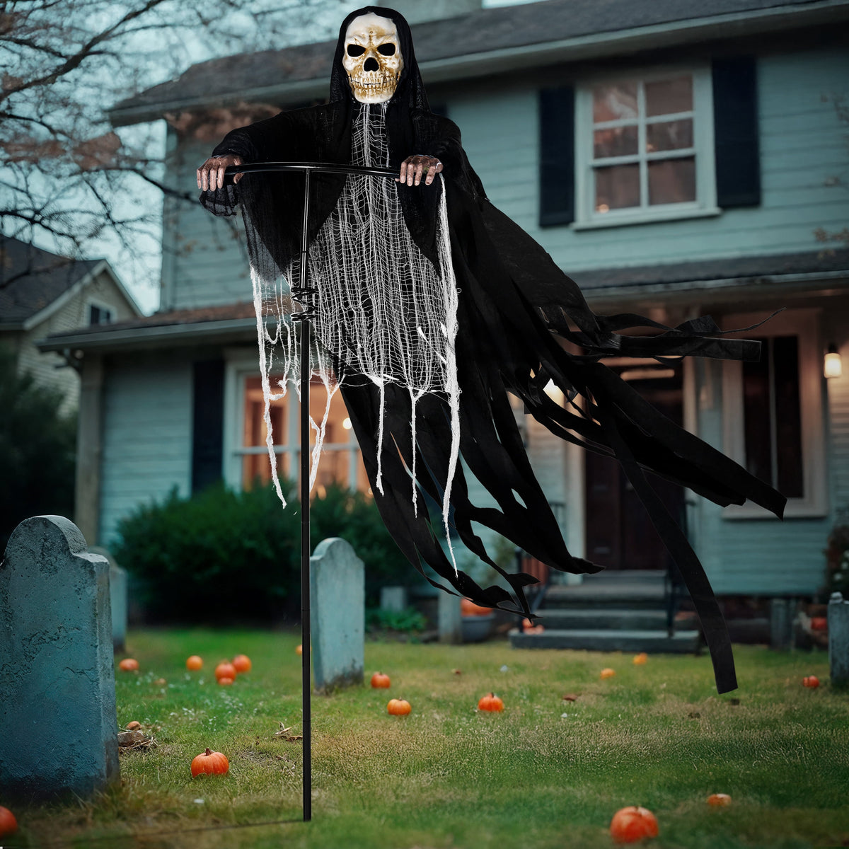 Joyfy 67" Standing Grim Reaper with Chain, Large Halloween Decorations Outdoor, Life Size Animatronics Skelton, Sound-Actived Party Decor with Creepy Sound & LED Eyes, Scary Haunted House Props