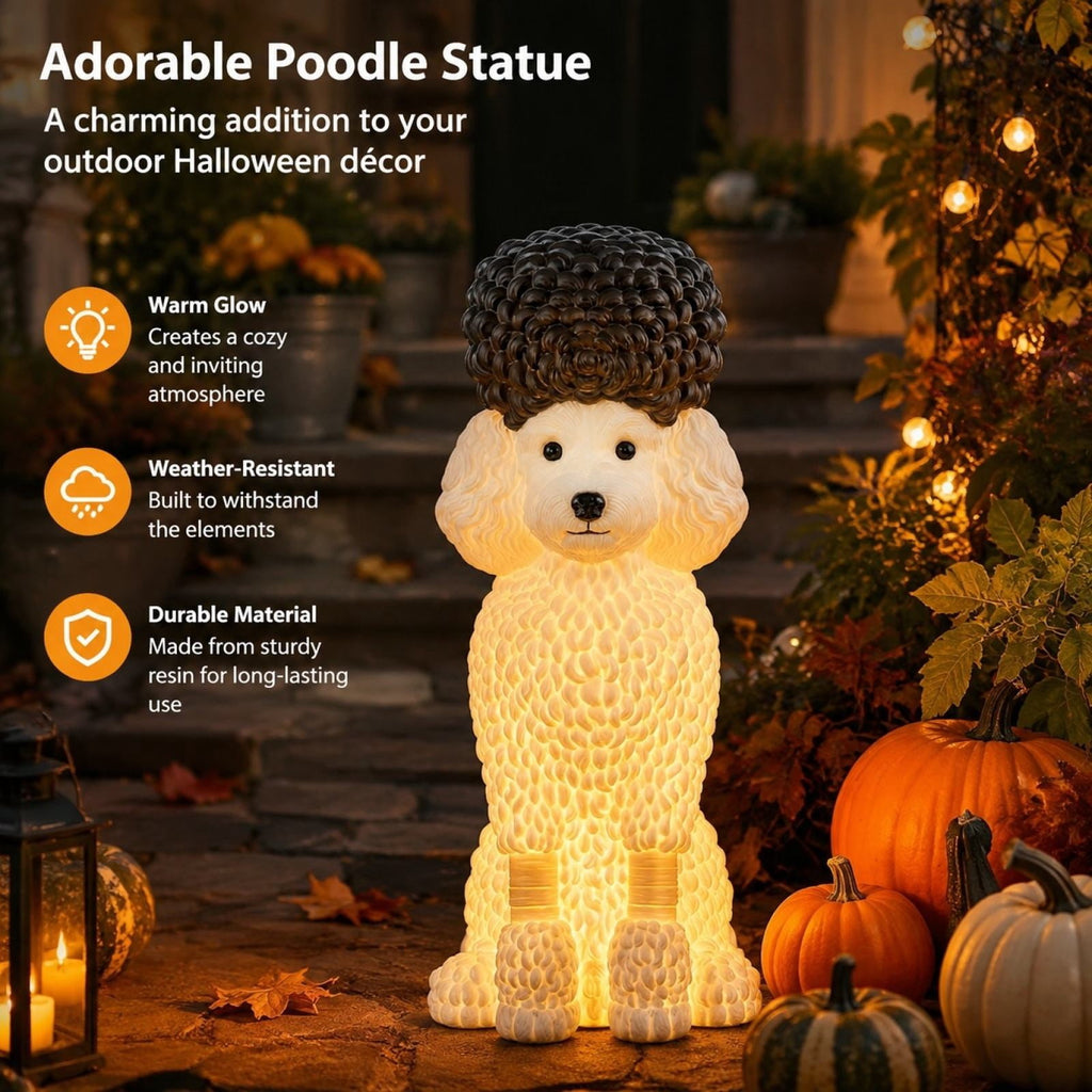 Halloween Dog Greeter - Frenchie 7.9in Resin Witch Dog with Light-Up Pumpkin, Spooky Fall Decor, Indoor Outdoor Tabletop Decoration