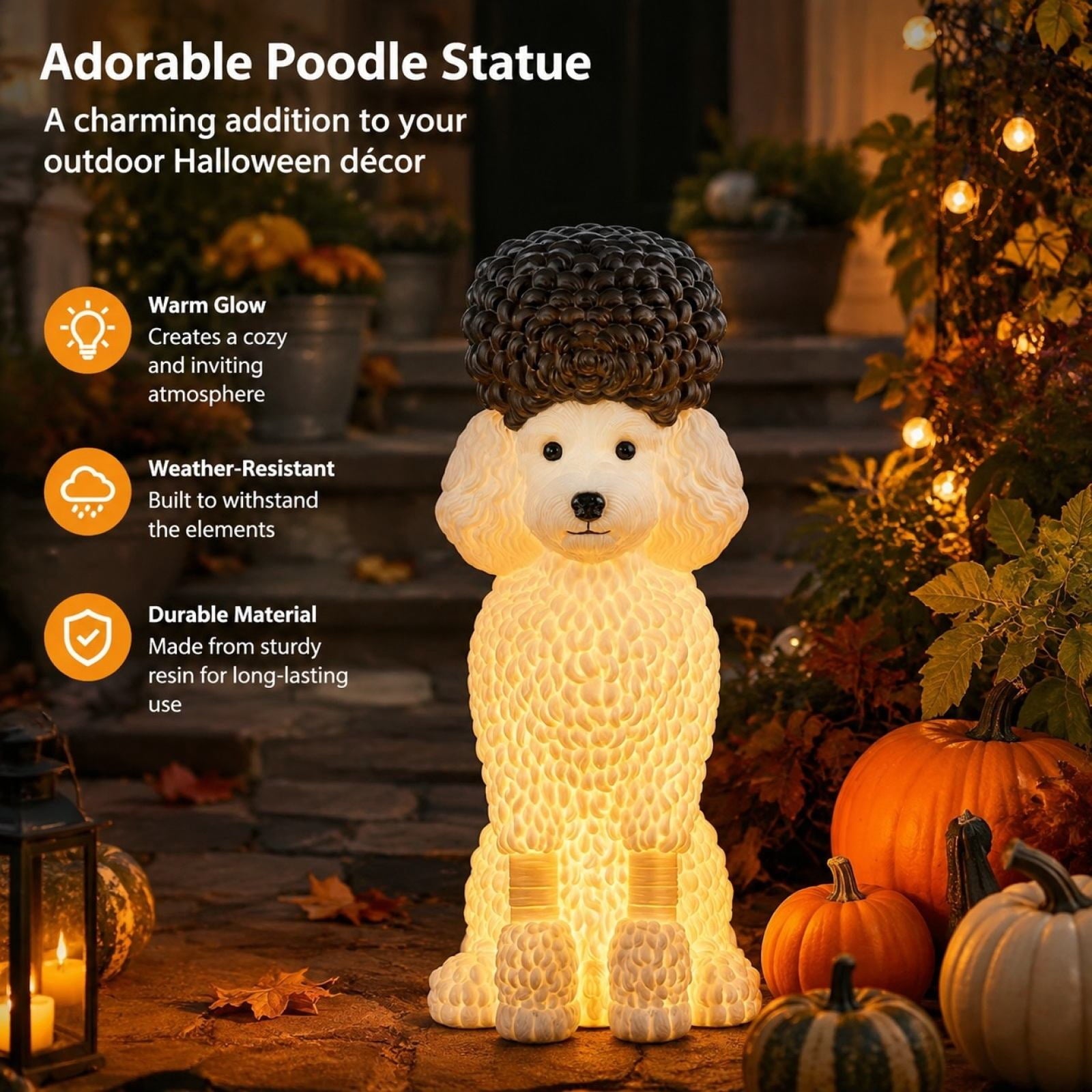 Halloween Dog Greeter - Frenchie 7.9in Resin Witch Dog with Light-Up Pumpkin, Spooky Fall Decor, Indoor Outdoor Tabletop Decoration
