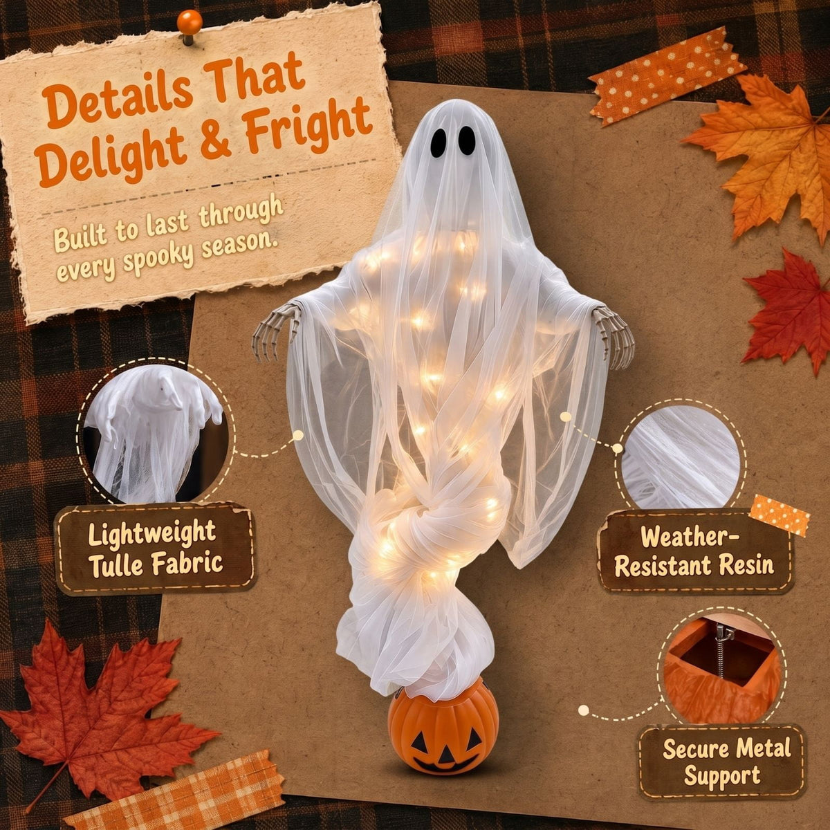 Swirling Ghost Pumpkin Yard Lamp, Lighted Spooky Ghost Statue, Warm LED Halloween Decorations Outdoor, Fall Autumn Garden Lawn Porch Pathway Ornament for Halloween Party Decoration