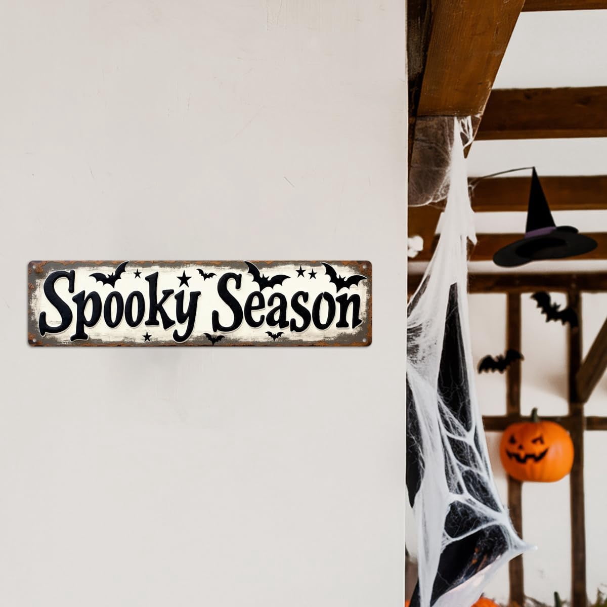 Spooky Season Metal Tin Sign Vintage Halloween Wall Decor 4x16 Inch Farmhouse Style Decorative Plaque for Living Room Entryway and Party