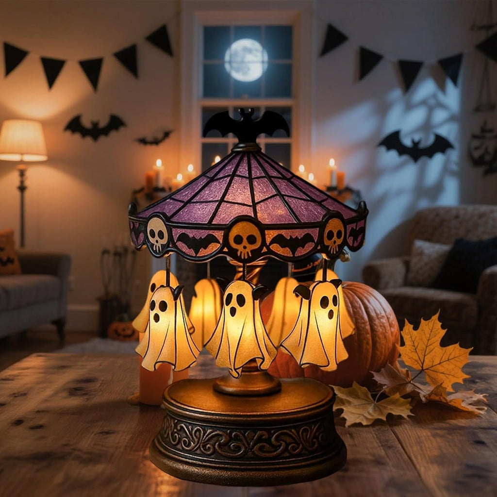 Halloween Ghost Carousel Lights, Plug-in Automatic Carousel,Ghost Night Light Up Kit, Spooky Ghost Carousel Lamp Decorations Indoor, for Halloween Party or Gift